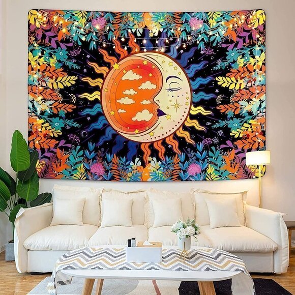 𝅺PSYCHEDELIC Moon Stars Garden Flower Tapestry Mandala Living Room Bedroom Dorm - Picture 1 of 7
